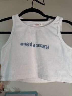 ROMWE White Ribbed Crop Tank with Blue 'angel energy' Embroidery
